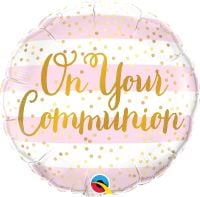 18" On Your Communion Pink Stripes Balloon