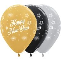 11" Happy New Year Stars Gold, Silver Black Assortment (50pcs) Balloons