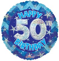 18" Holographic Blue Happy 50th Birthday Balloon