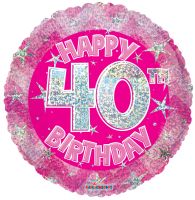 18" Holographic Pink Happy 40th Birthday Balloon