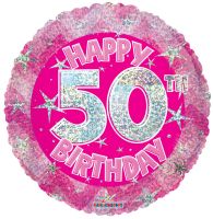 18" Holographic Happy 50th Birthday Pink Balloon