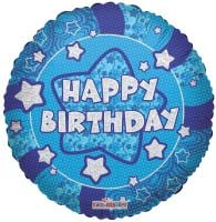 18" Holographic Blue Happy Birthday Stars Balloon