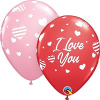 11" I Love You Striped Hearts Red and Pink (50pcs) Balloons