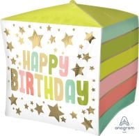 UltraShape Cubez Happy Birthday Gold Stars and Colors Balloon
