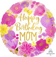 18" Happy Birthday Mom Painted Flowers Balloon