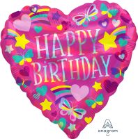 18" Iridescent Happy Birthday Rainbow Hearts Balloon