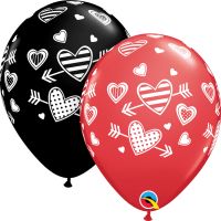 11" Patterned Hearts and Arrows Assortment Red and Onyx Black (50pcs) Balloons