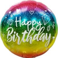 18" Happy Birthday White Script Rainbow Balloon