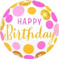 18" Happy Birthday Pink and Gold Polka Dots Balloon