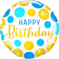 18" Happy Birthday Gold and Blue Polka Dots Balloon