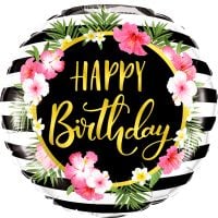 18" Happy Birthday Flowers Gold Round Arch Balloon