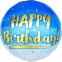 18" Happy Birthday Gold Print on Blue Balloon