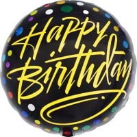 18" Happy Birthday Gold Script on Black Balloon