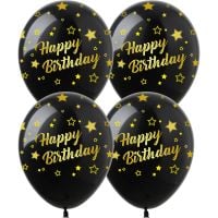 12" Classy Gold Happy Birthday and Stars Black (50pcs) Balloons