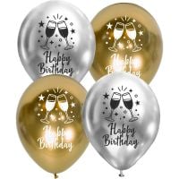 12" Happy Birthday Champagne Cheers Silver and Gold (50pcs) Balloons
