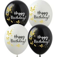 12" Happy Birthday Gold Butterflies Black and White (50pcs) Balloons