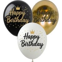 12" Happy Birthday Script Gold Black and White (50pcs) Balloons